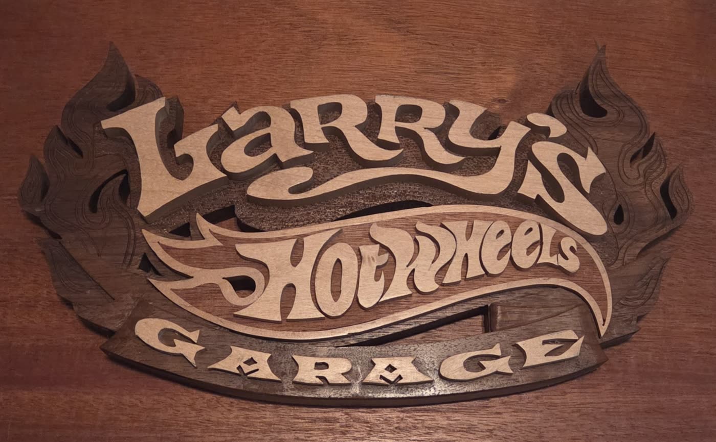 Larry's Hot Wheels Garage hand-carved wooden sign